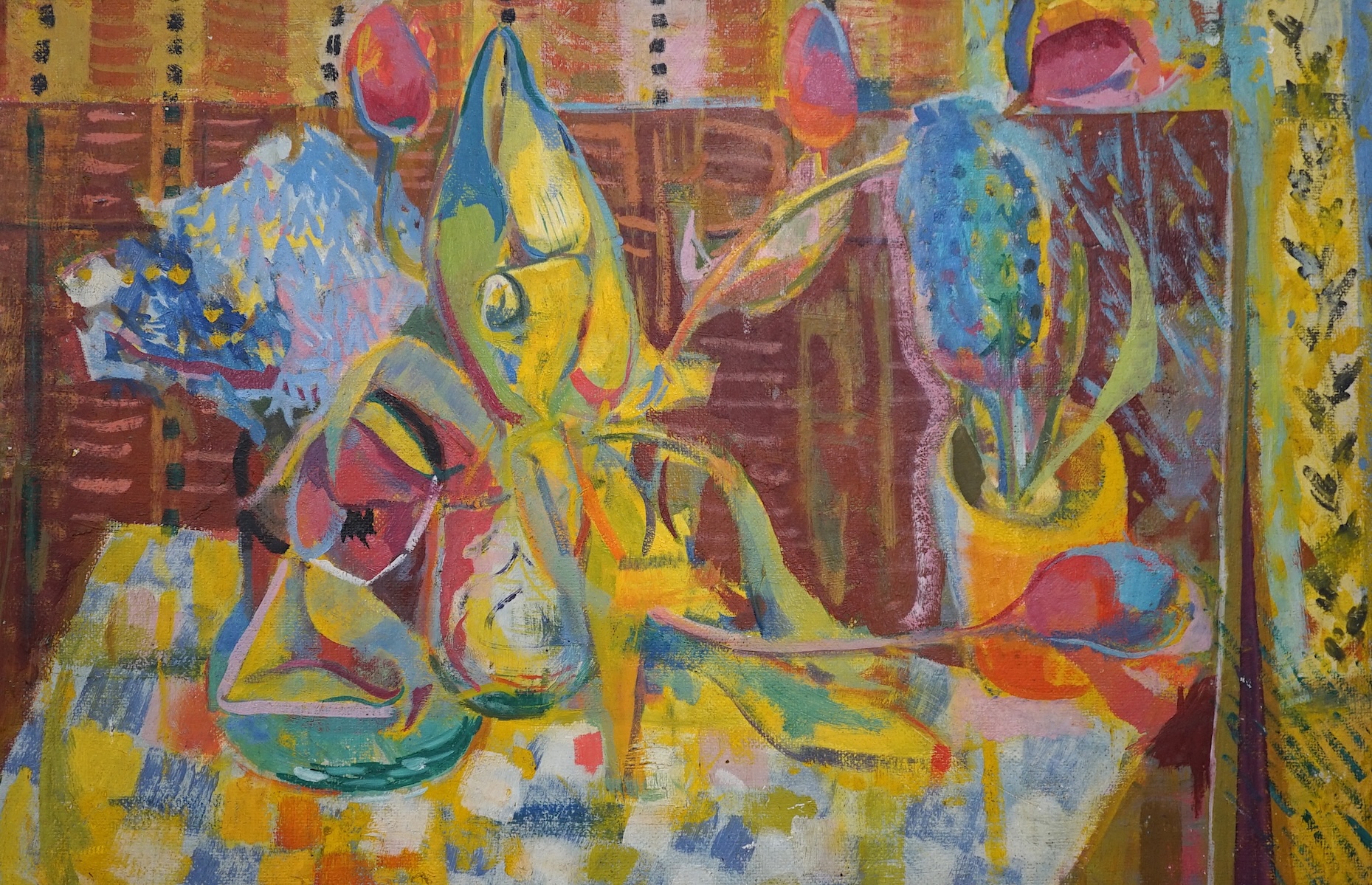 Modern British, oil on board, Still life of spring flowers on a table top, inscribed Brick verso, 46 x 68cm, unframed. Condition - fair, some chipping to edges